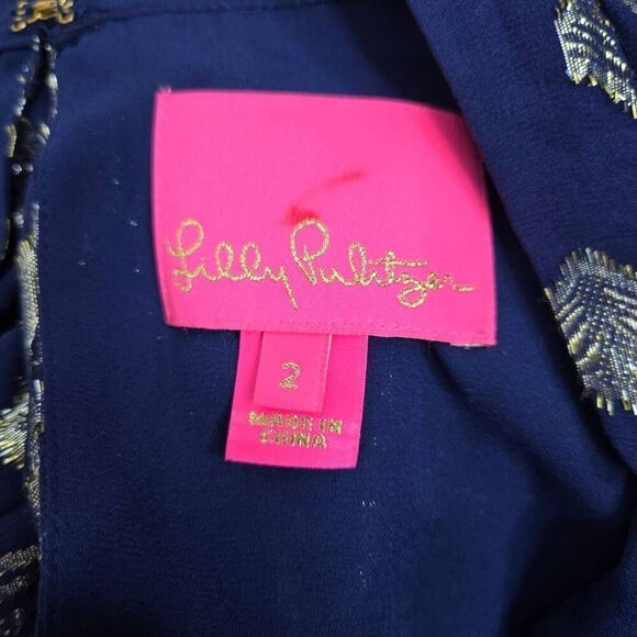 Lilly Pulitzer Joelle Silk Dress Navy Gold Metallic Clip Fit & Flare Size 2 - Picture 10 of 11
